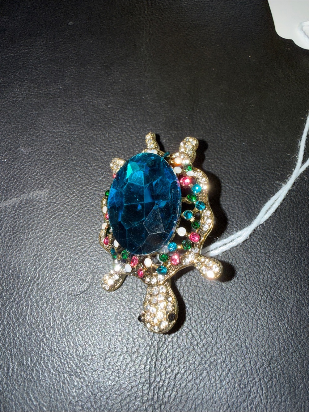 Gold-Tone Turtle Brooch with Deep Teal Center and Multicolor Crystal Accents